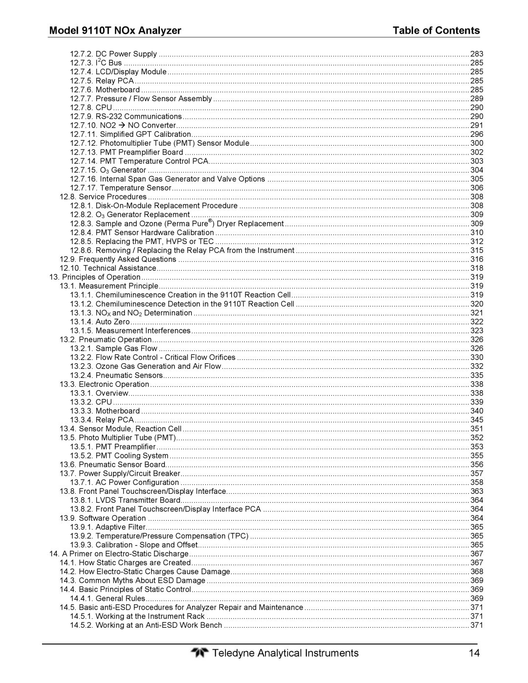 Teledyne 9110T instruction manual 285 