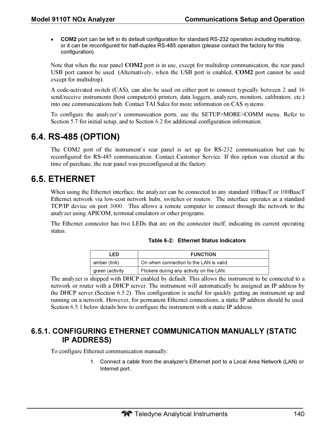 Teledyne 9110T To configure Ethernet communication manually, Ethernet Status Indicators, LED Function 
