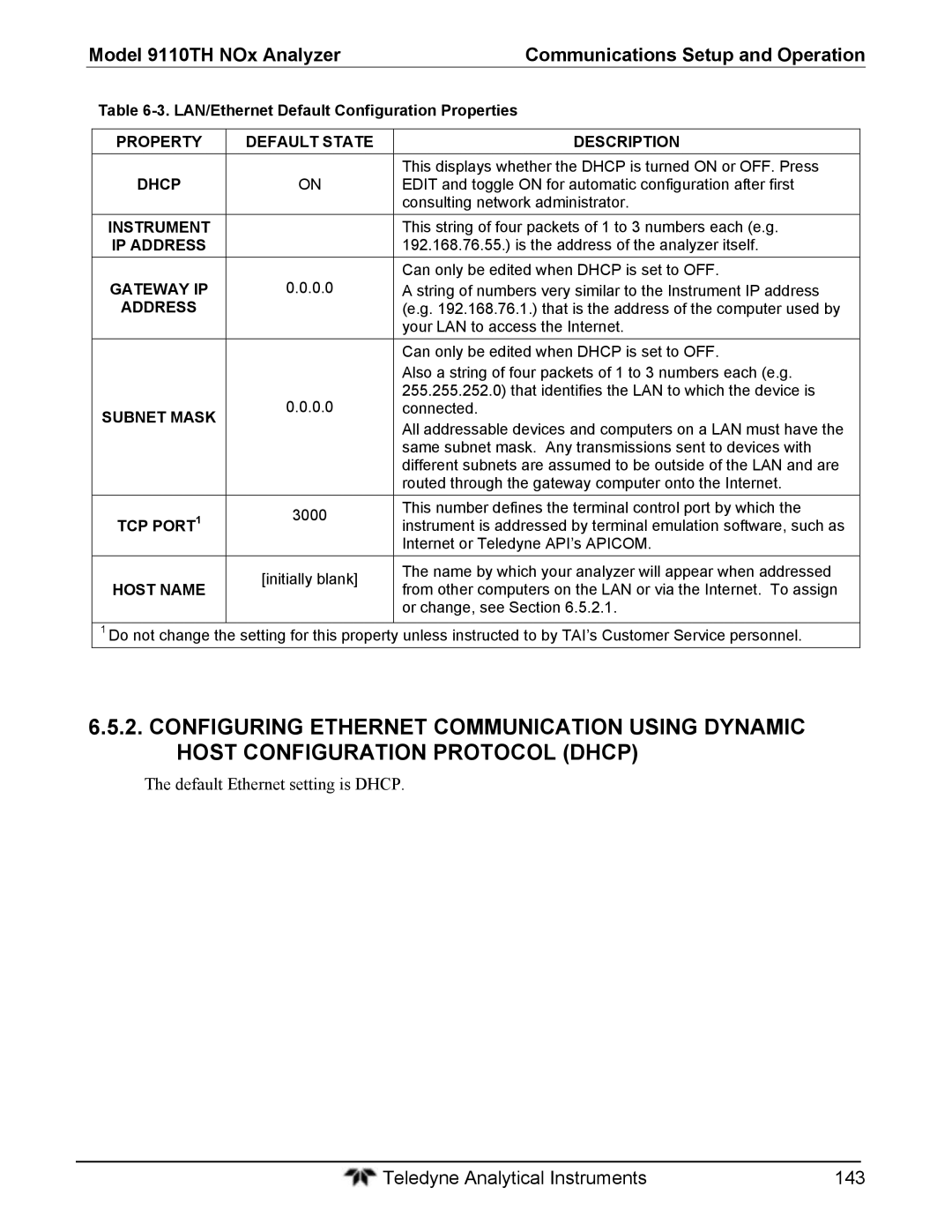 Teledyne 9110T instruction manual Default Ethernet setting is Dhcp 