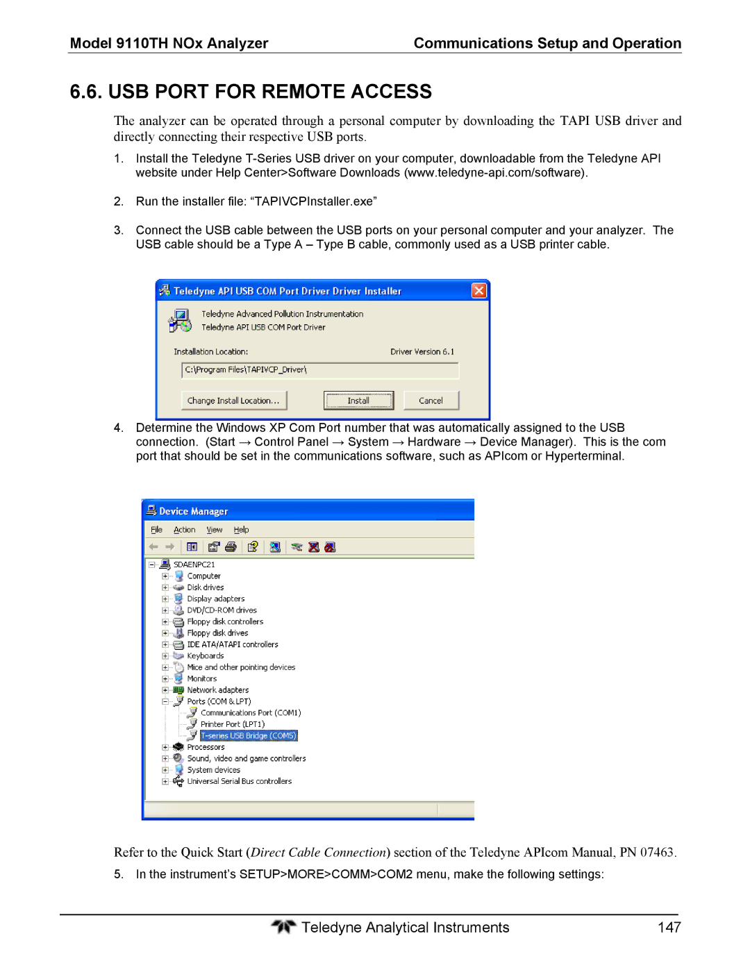 Teledyne 9110T instruction manual USB Port for Remote Access 