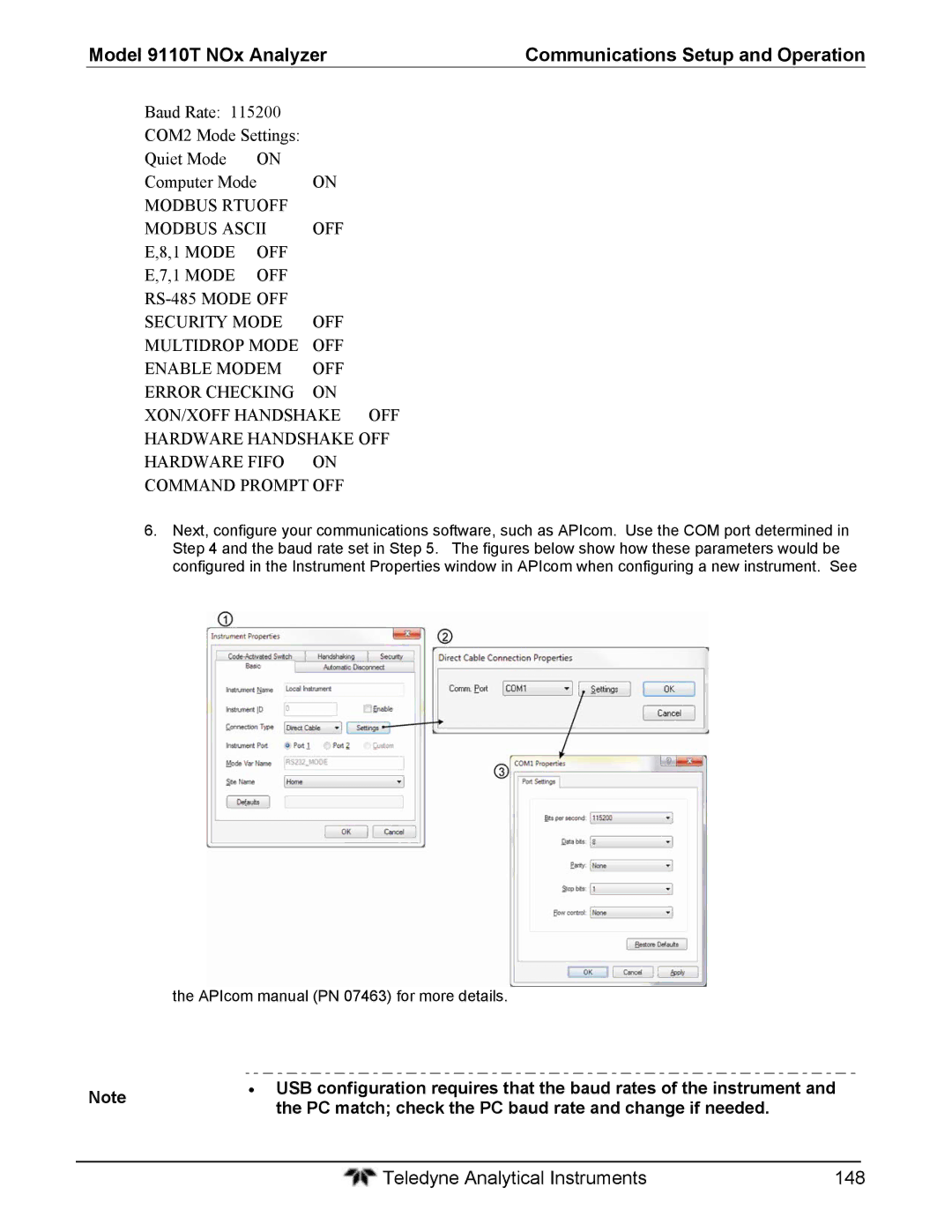 Teledyne 9110T Baud Rate COM2 Mode Settings Quiet Mode Computer Mode, PC match check the PC baud rate and change if needed 