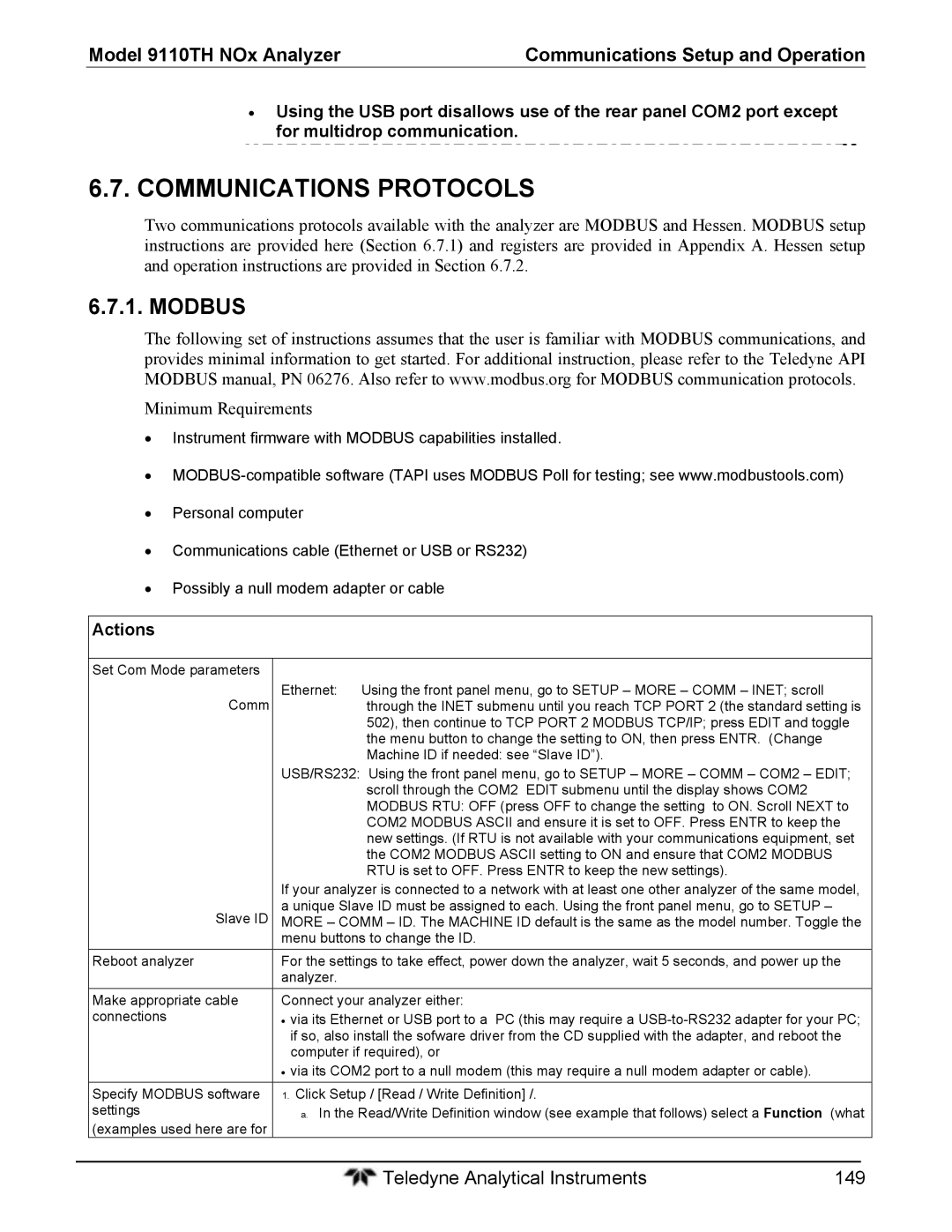 Teledyne 9110T instruction manual Communications Protocols, Minimum Requirements, Actions 