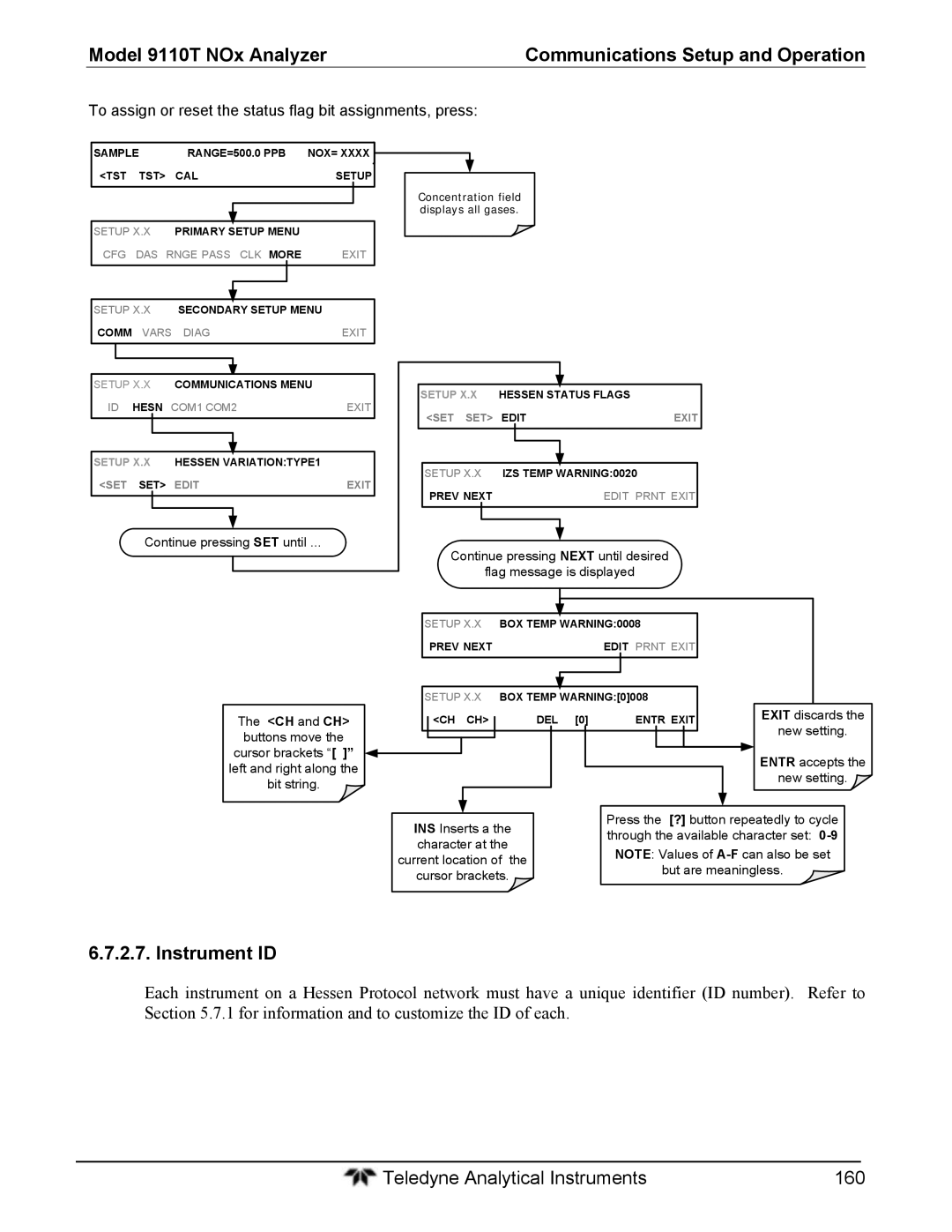 Teledyne 9110T instruction manual Instrument ID, To assign or reset the status flag bit assignments, press 