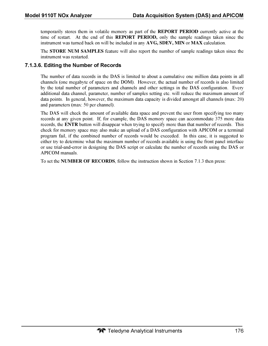 Teledyne 9110T instruction manual Editing the Number of Records 