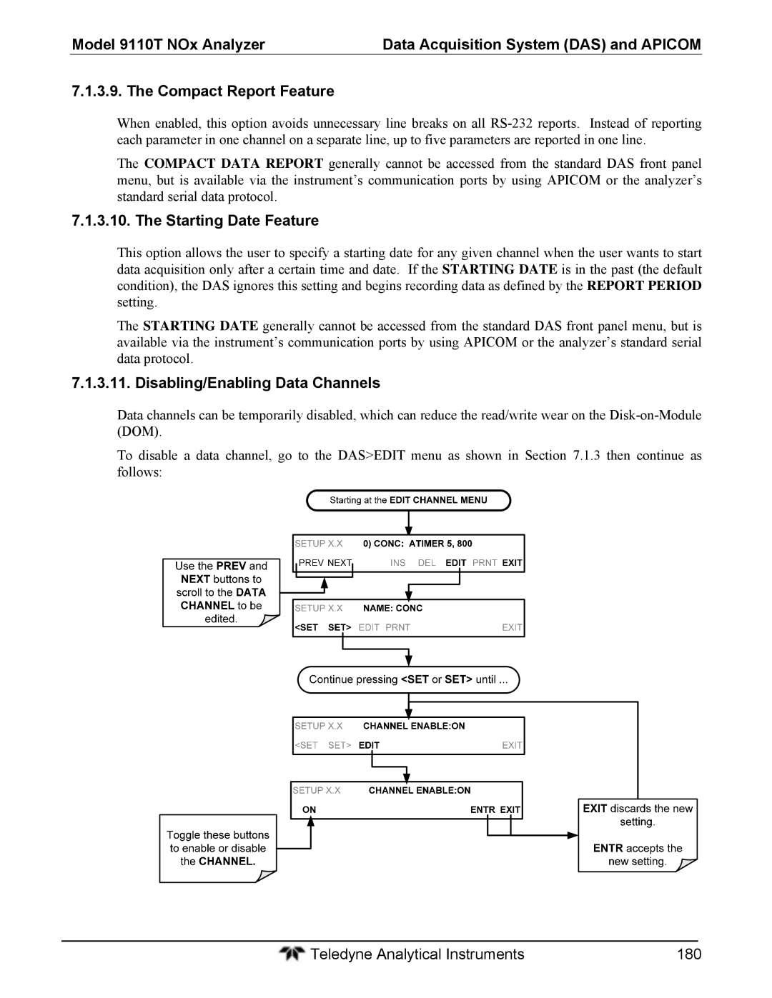 Teledyne 9110T instruction manual Starting Date Feature, Disabling/Enabling Data Channels 