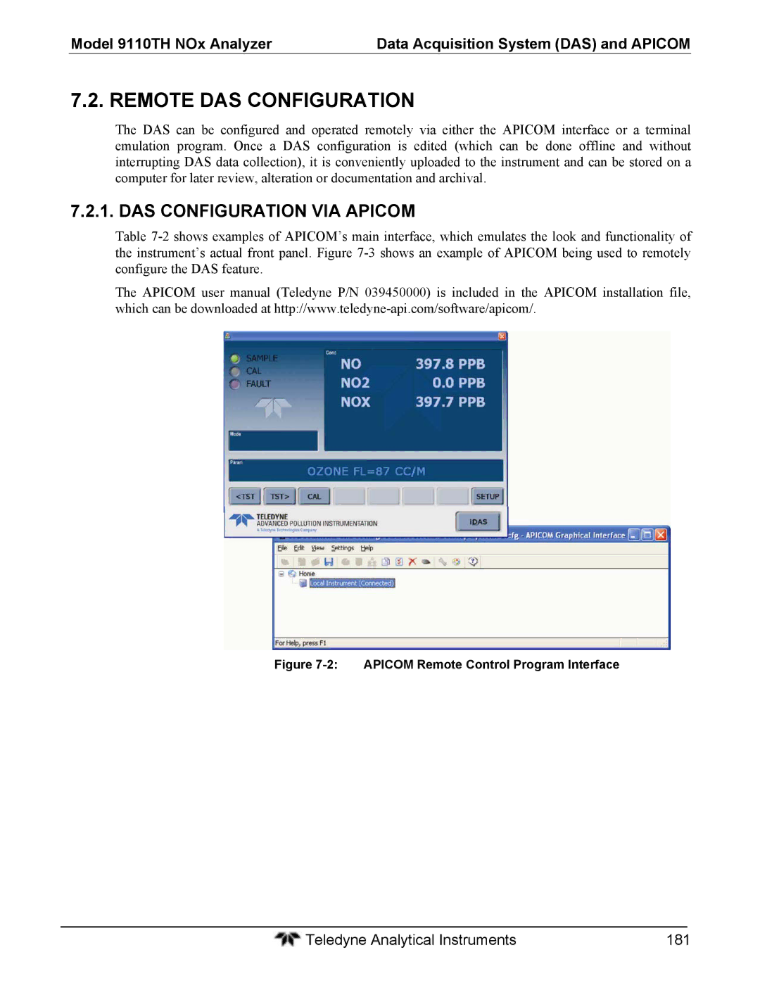 Teledyne 9110T instruction manual Remote DAS Configuration, DAS Configuration VIA Apicom 