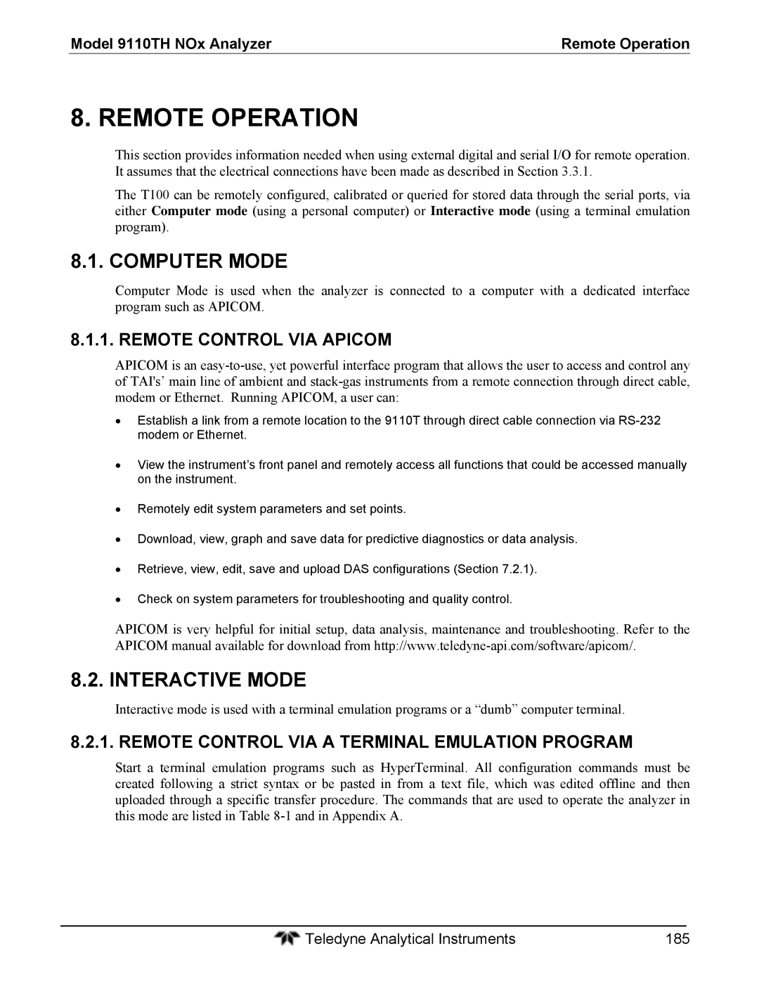 Teledyne 9110T Computer Mode, Interactive Mode, Remote Control VIA Apicom, Remote Control VIA a Terminal Emulation Program 