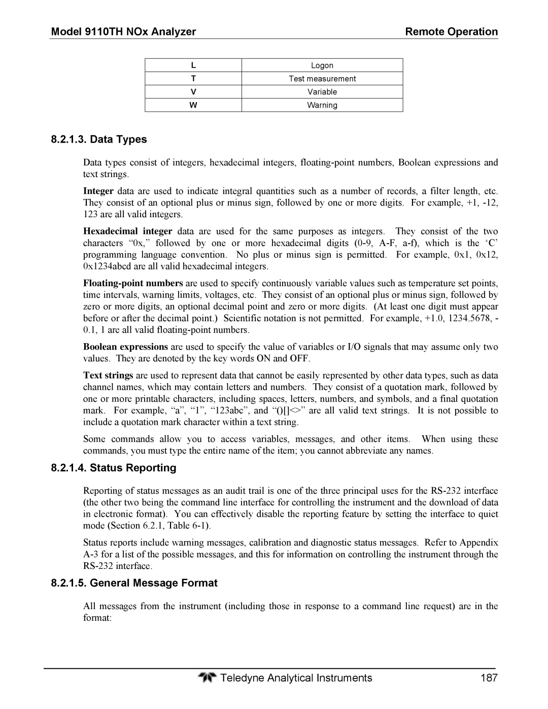 Teledyne 9110T instruction manual Data Types, Status Reporting, General Message Format 