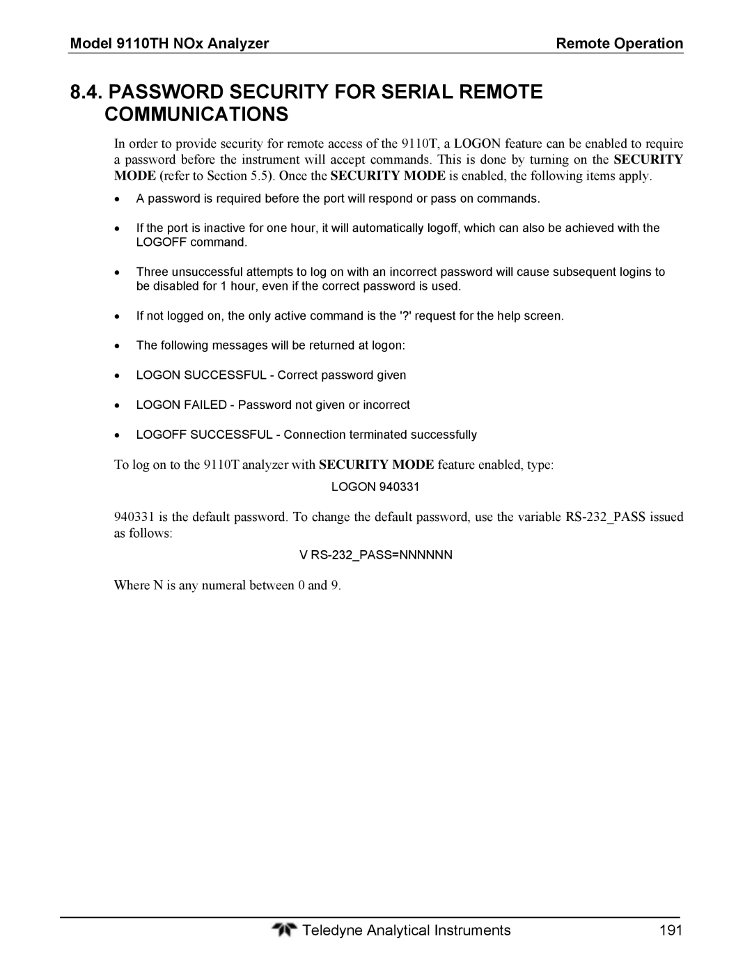 Teledyne 9110T instruction manual Password Security for Serial Remote Communications, Where N is any numeral between 0 