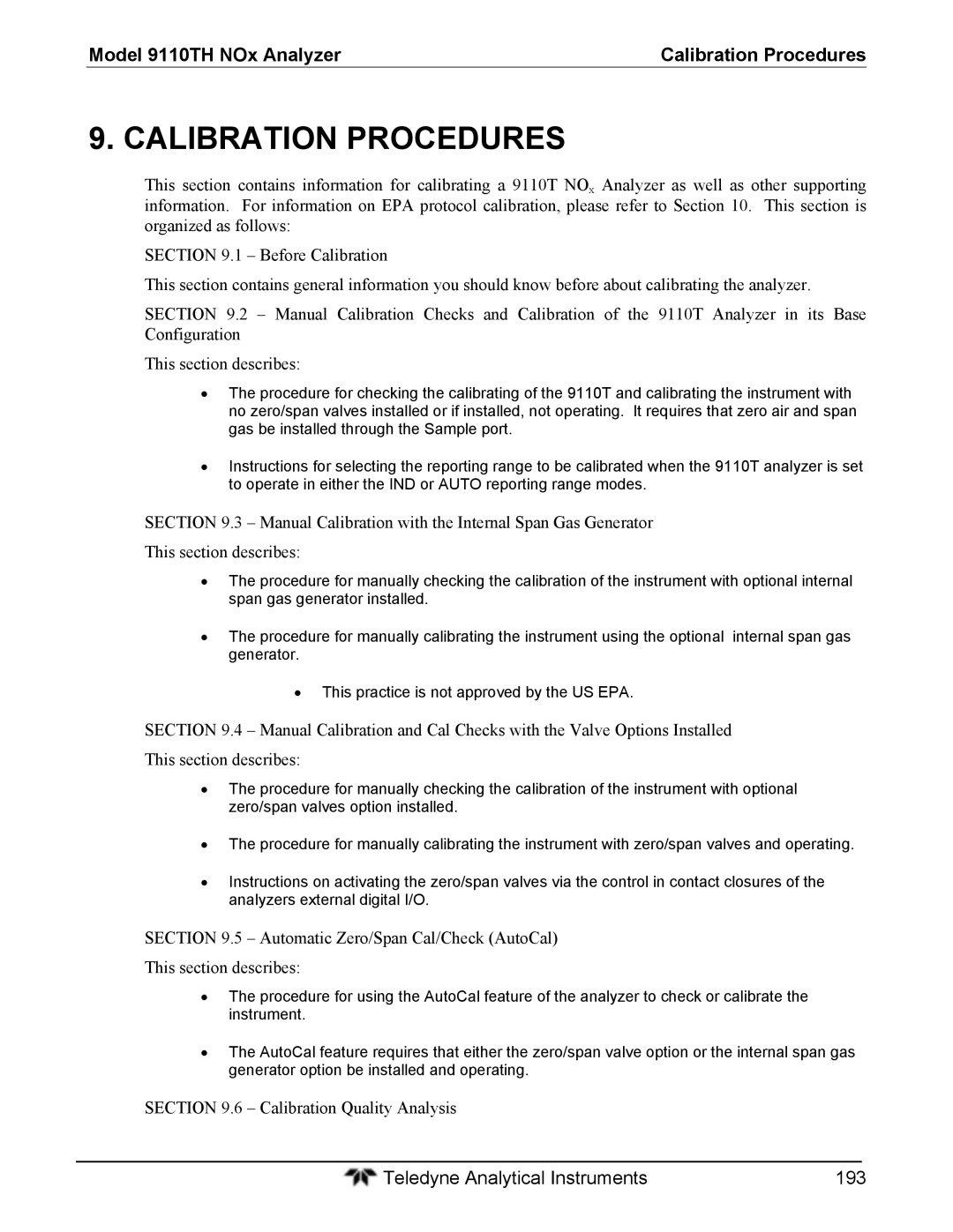 Teledyne instruction manual Model 9110TH NOx Analyzer Calibration Procedures, Calibration Quality Analysis 