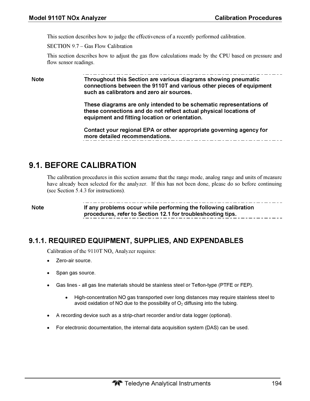 Teledyne 9110T instruction manual Before Calibration, Required EQUIPMENT, SUPPLIES, and Expendables 