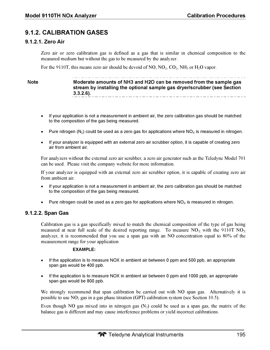 Teledyne 9110T instruction manual Calibration Gases, Zero Air, Span Gas, Example 