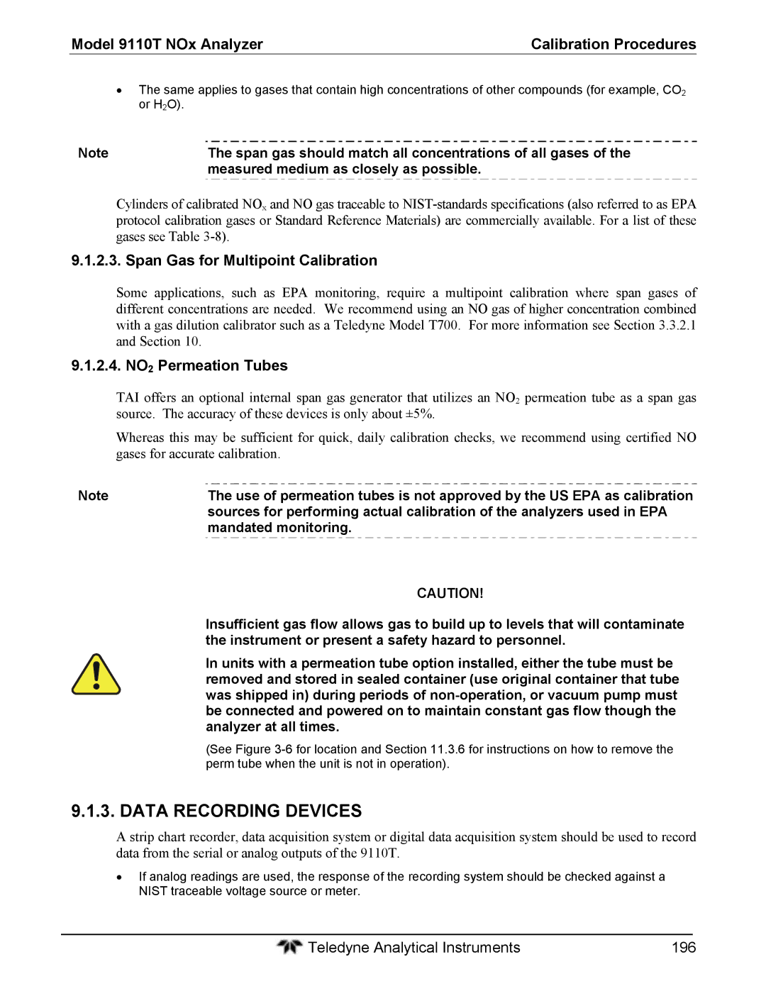 Teledyne 9110T Data Recording Devices, Span Gas for Multipoint Calibration, 2.4. NO2 Permeation Tubes, Mandated monitoring 