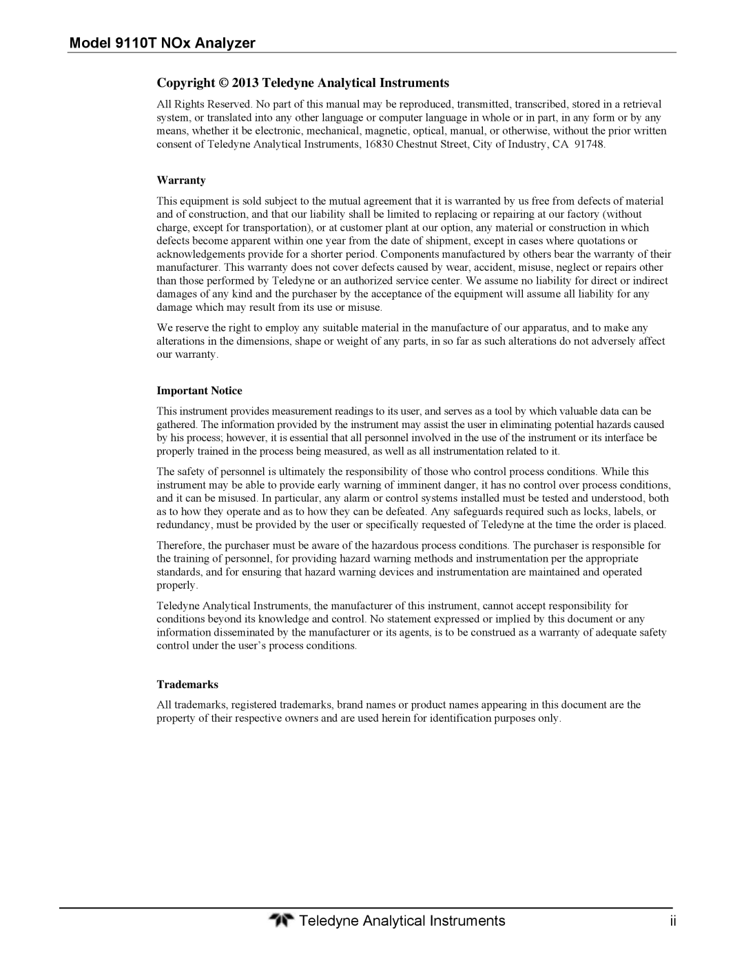 Teledyne instruction manual Model 9110T NOx Analyzer, Copyright 2013 Teledyne Analytical Instruments 