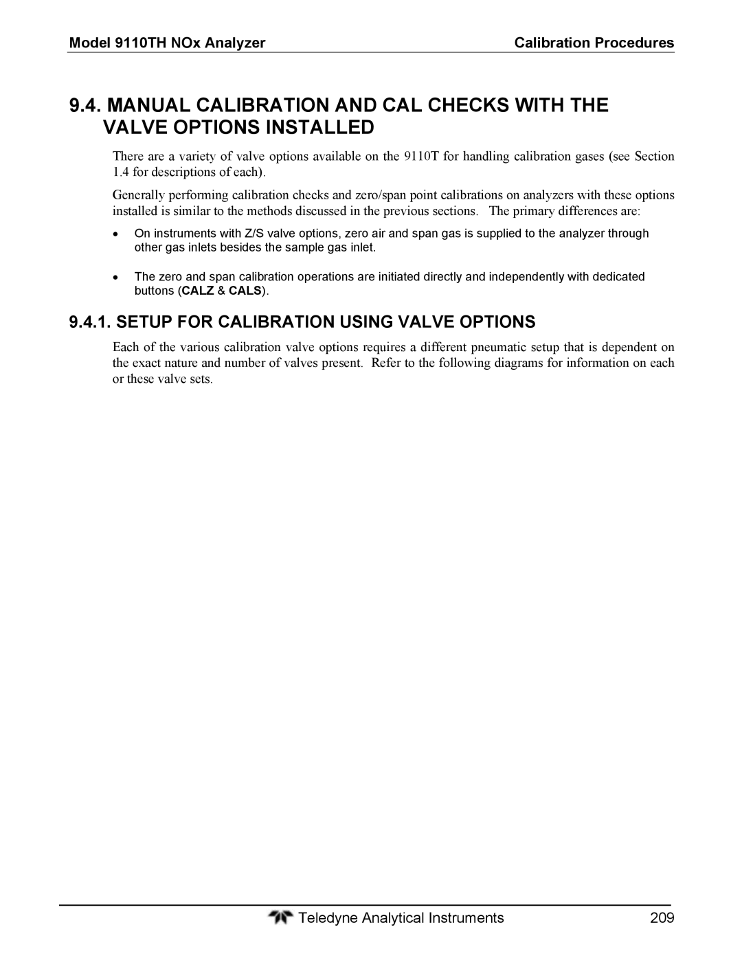 Teledyne 9110T instruction manual Setup for Calibration Using Valve Options 