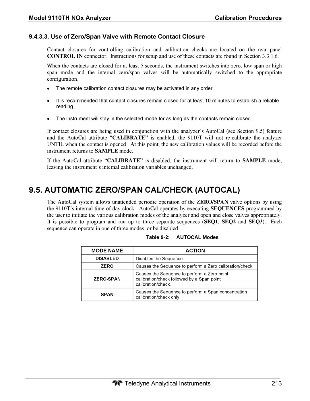 Teledyne 9110T Automatic ZERO/SPAN CAL/CHECK Autocal, Autocal Modes, Mode Name Action, Disabled, Zero-Span 