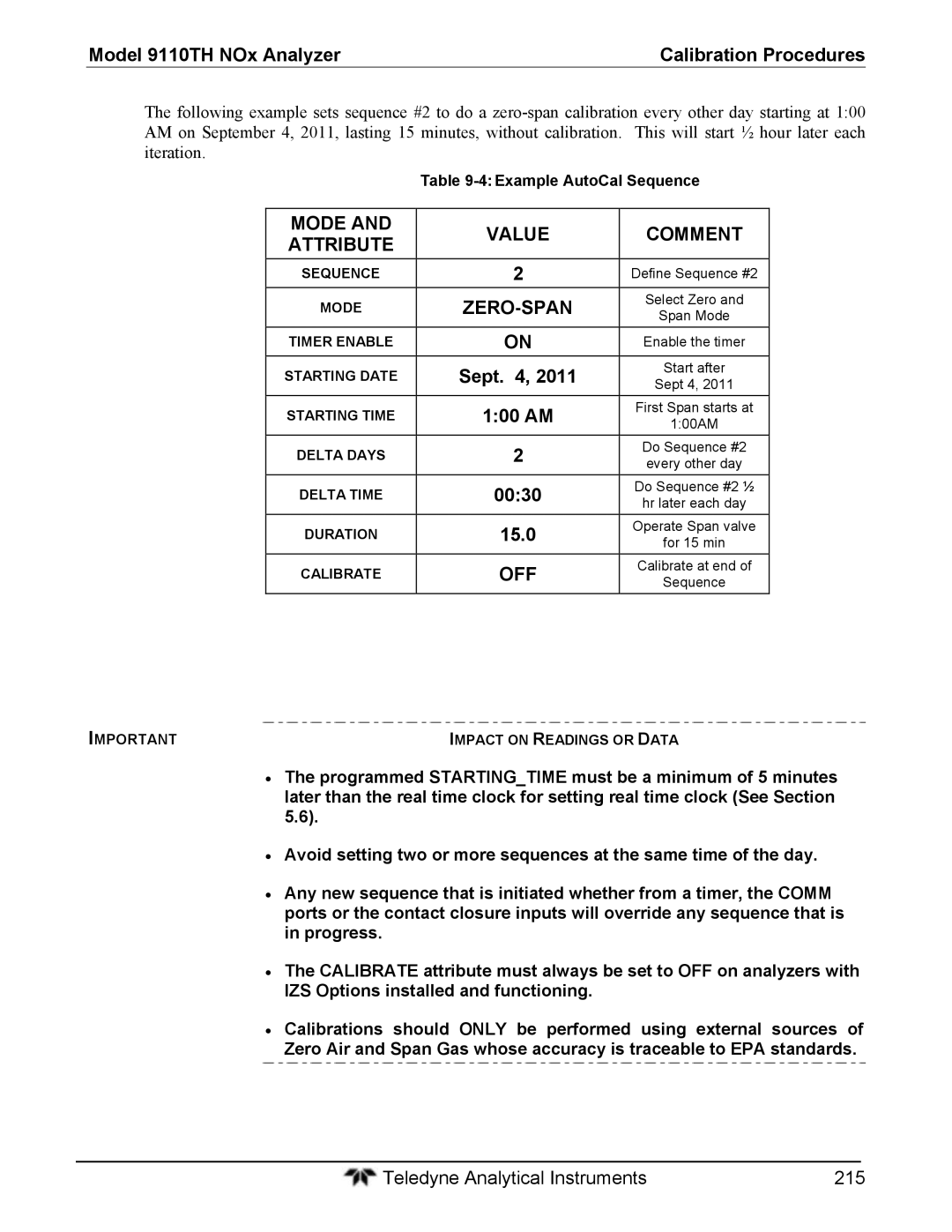 Teledyne 9110T instruction manual Sept, 100 AM, 15.0, 0030, Example AutoCal Sequence 