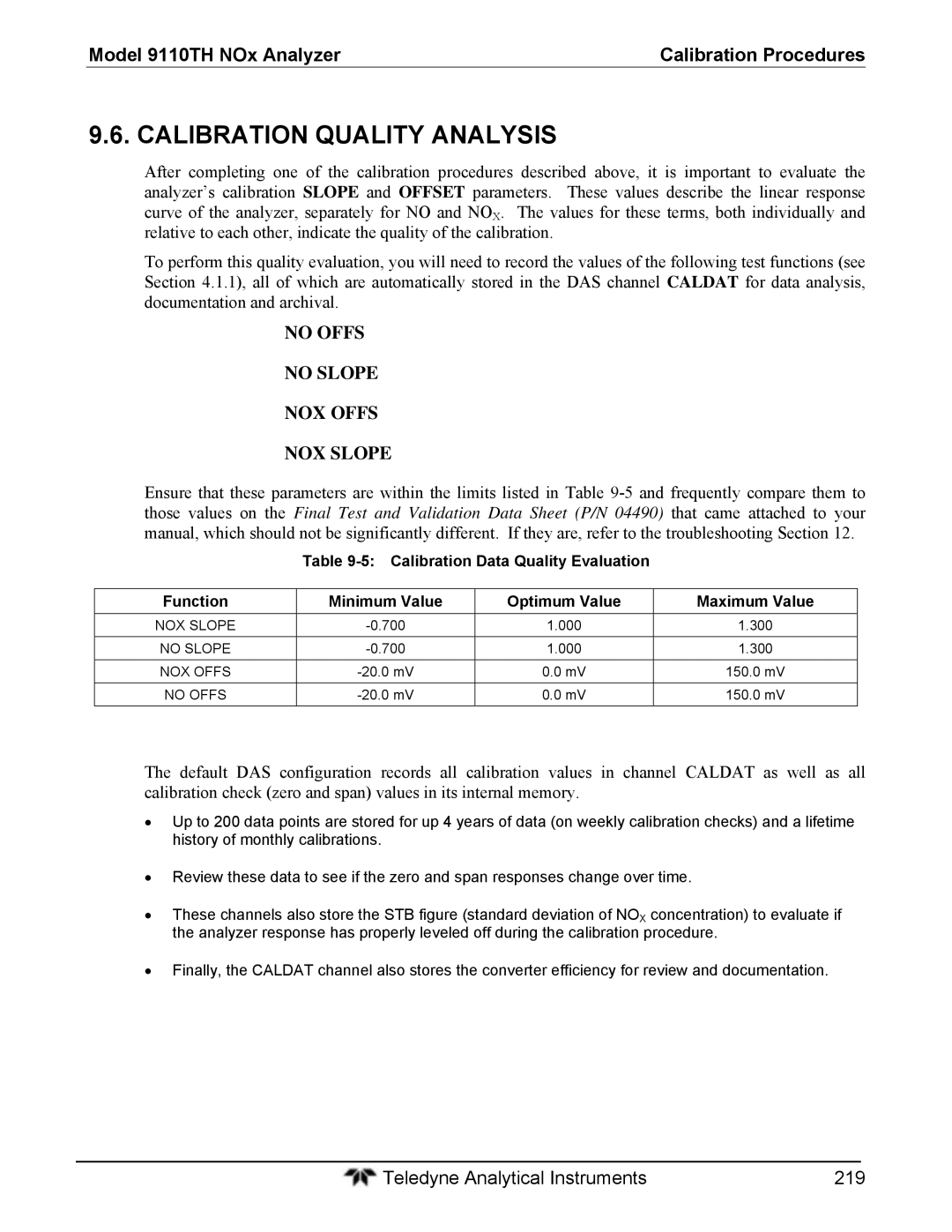 Teledyne 9110T instruction manual Calibration Quality Analysis, No Offs No Slope NOX Offs NOX Slope 