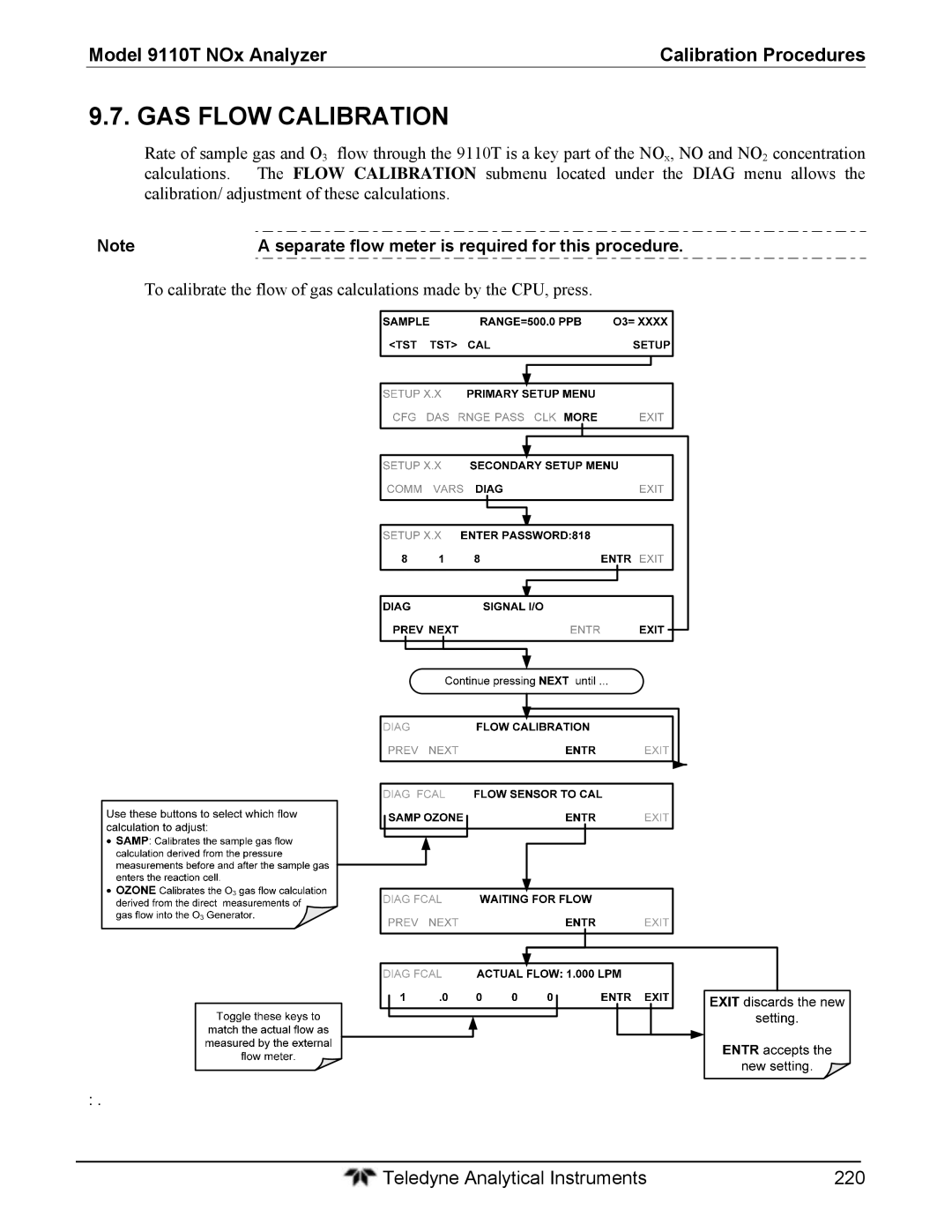 Teledyne 9110T instruction manual GAS Flow Calibration, Separate flow meter is required for this procedure 