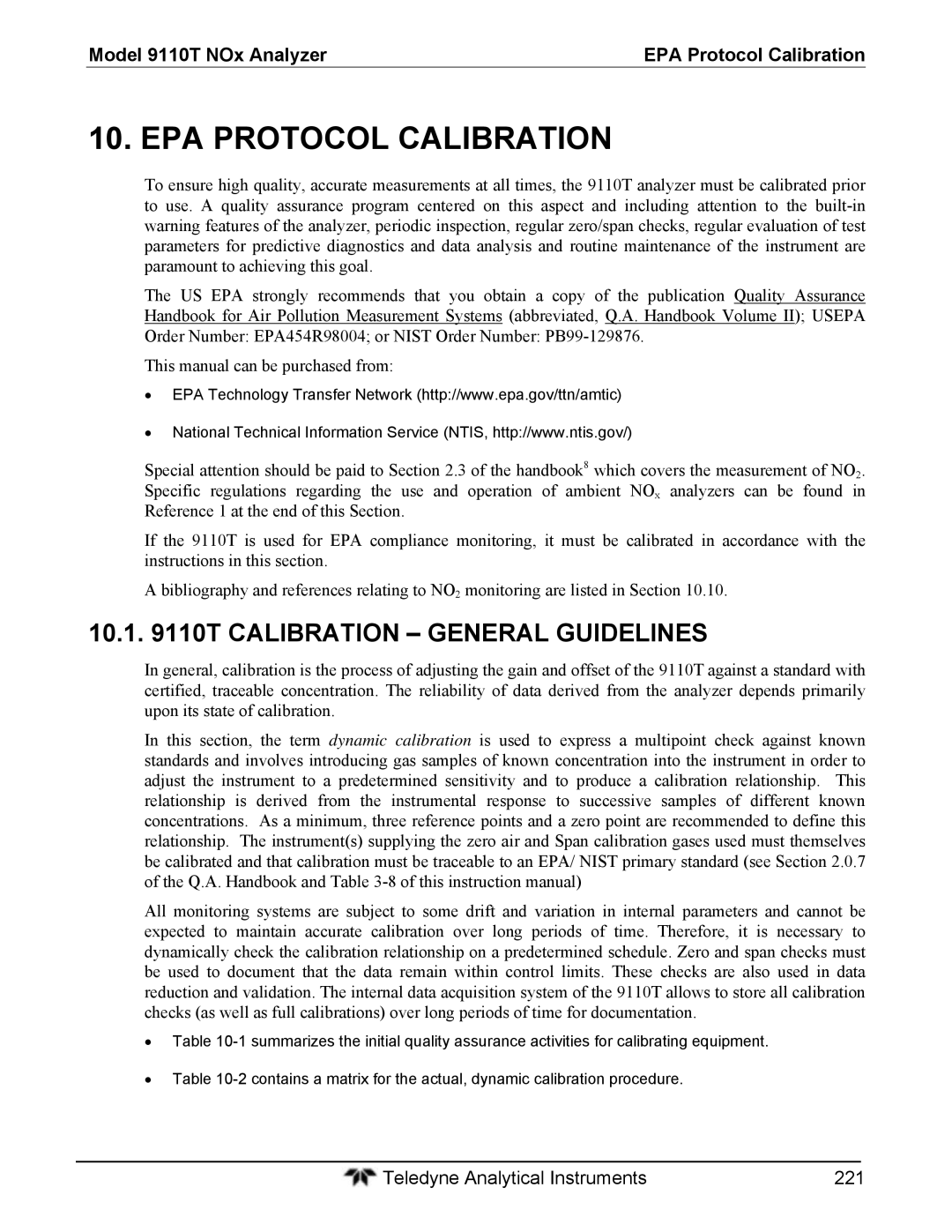 Teledyne instruction manual Calibration General Guidelines, Model 9110T NOx Analyzer EPA Protocol Calibration 