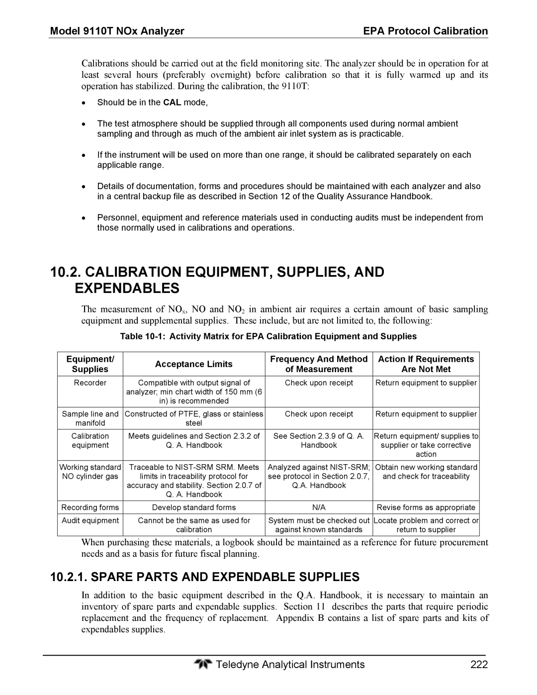 Teledyne 9110T instruction manual Calibration EQUIPMENT, SUPPLIES, and Expendables, Spare Parts and Expendable Supplies 