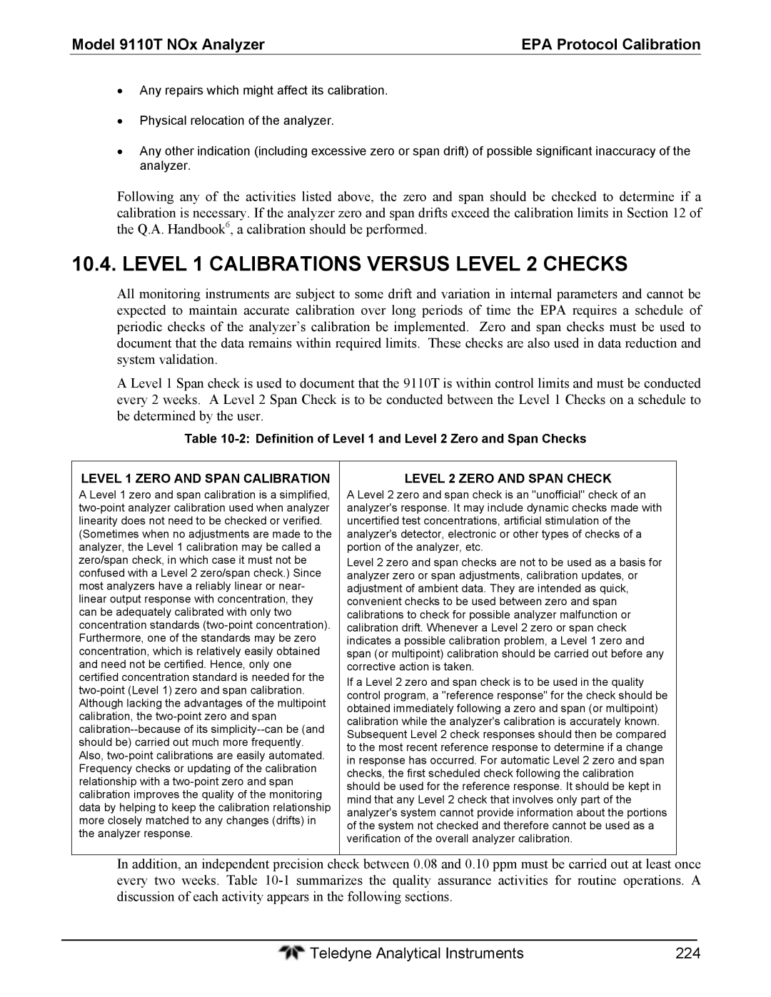 Teledyne 9110T Level 1 Calibrations Versus Level 2 Checks, Definition of Level 1 and Level 2 Zero and Span Checks 