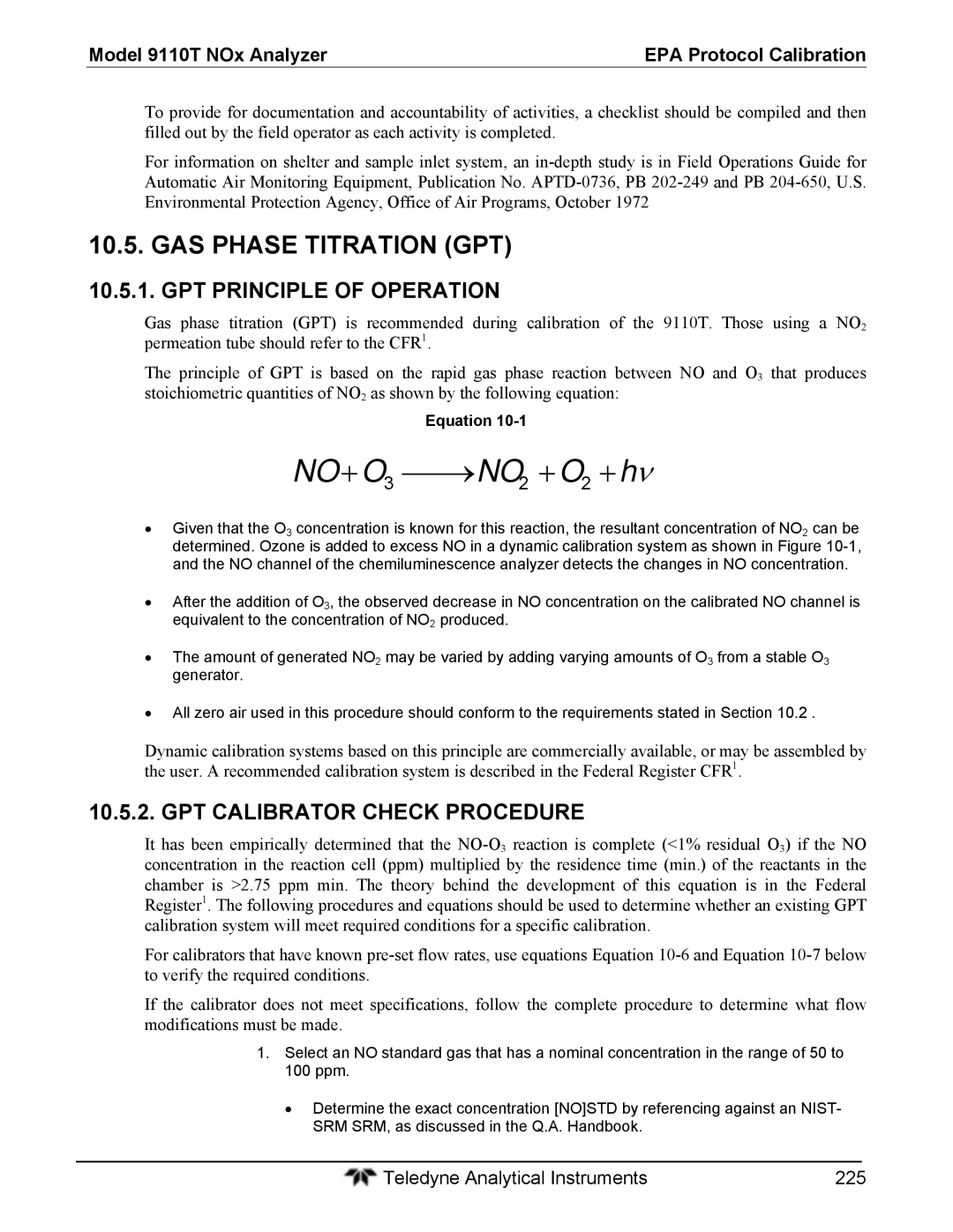 Teledyne 9110T GAS Phase Titration GPT, GPT Principle of Operation, GPT Calibrator Check Procedure, Equation 