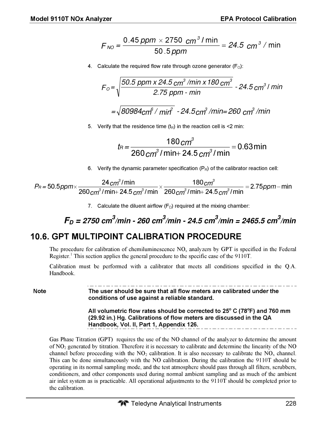 Teledyne 9110T instruction manual GPT Multipoint Calibration Procedure, Conditions of use against a reliable standard 