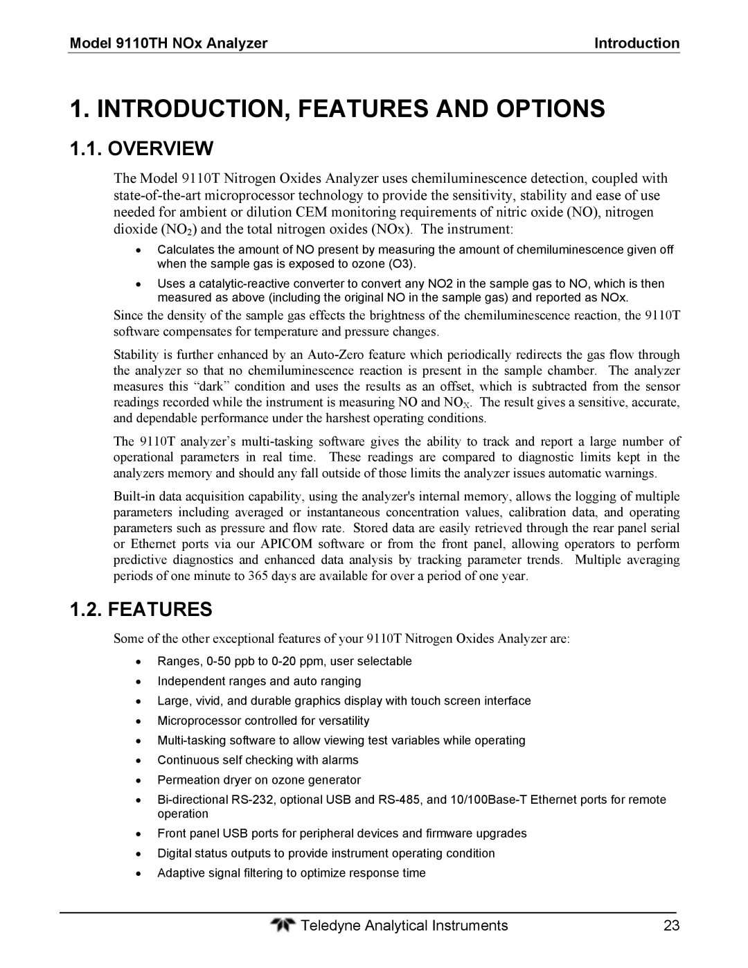 Teledyne instruction manual Overview, Features, Model 9110TH NOx Analyzer Introduction 