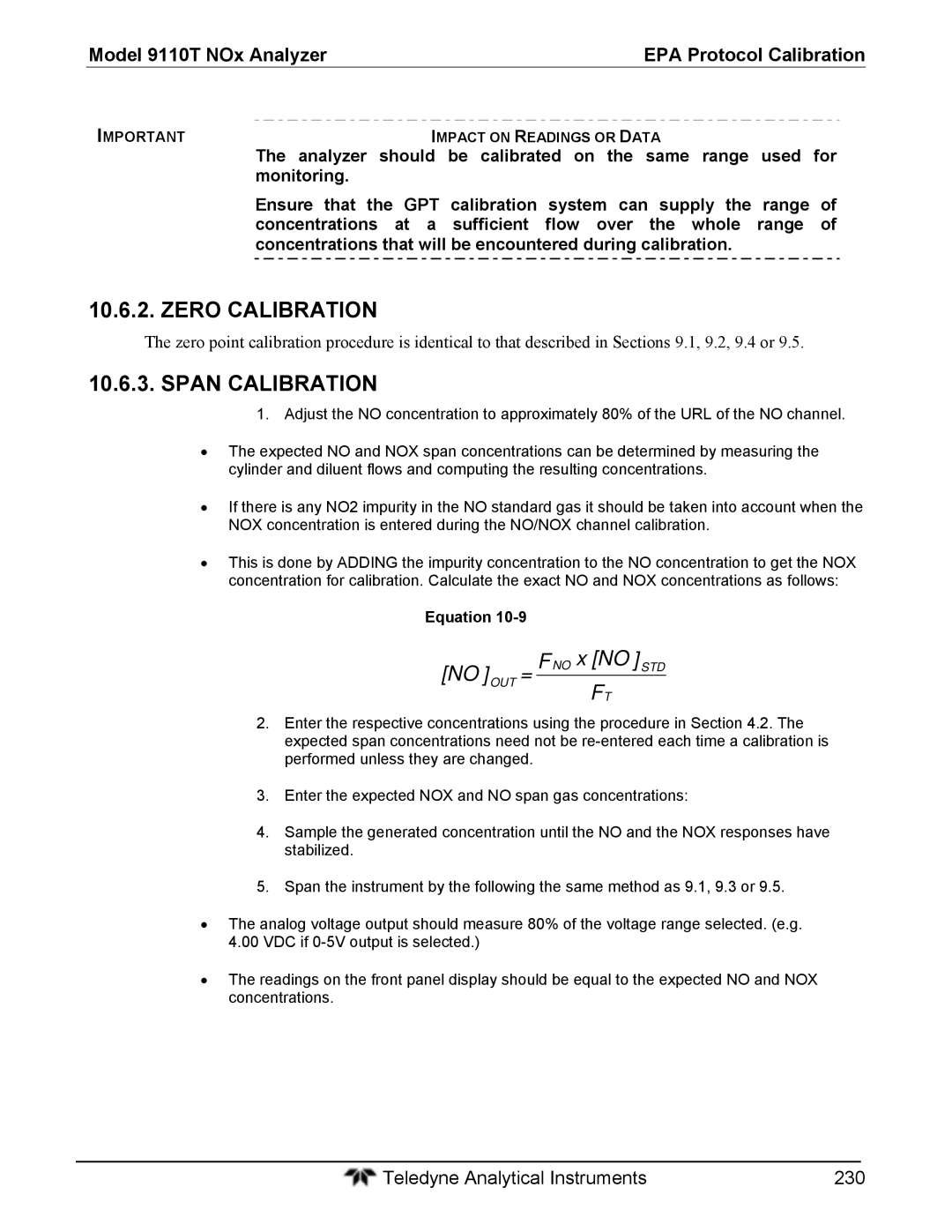 Teledyne 9110T instruction manual Zero Calibration, Span Calibration 