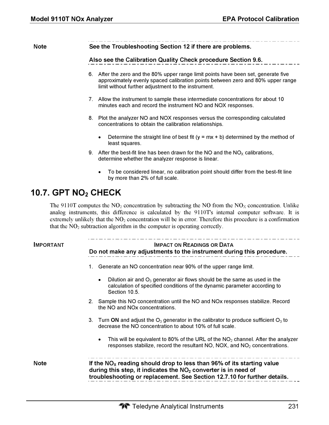 Teledyne 9110T instruction manual GPT NO2 Check, See the Troubleshooting if there are problems 