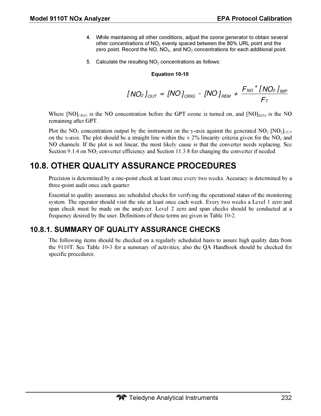 Teledyne 9110T instruction manual Other Quality Assurance Procedures, Summary of Quality Assurance Checks 