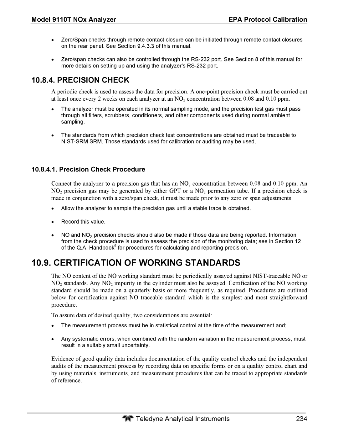 Teledyne 9110T instruction manual Certification of Working Standards, Precision Check Procedure 