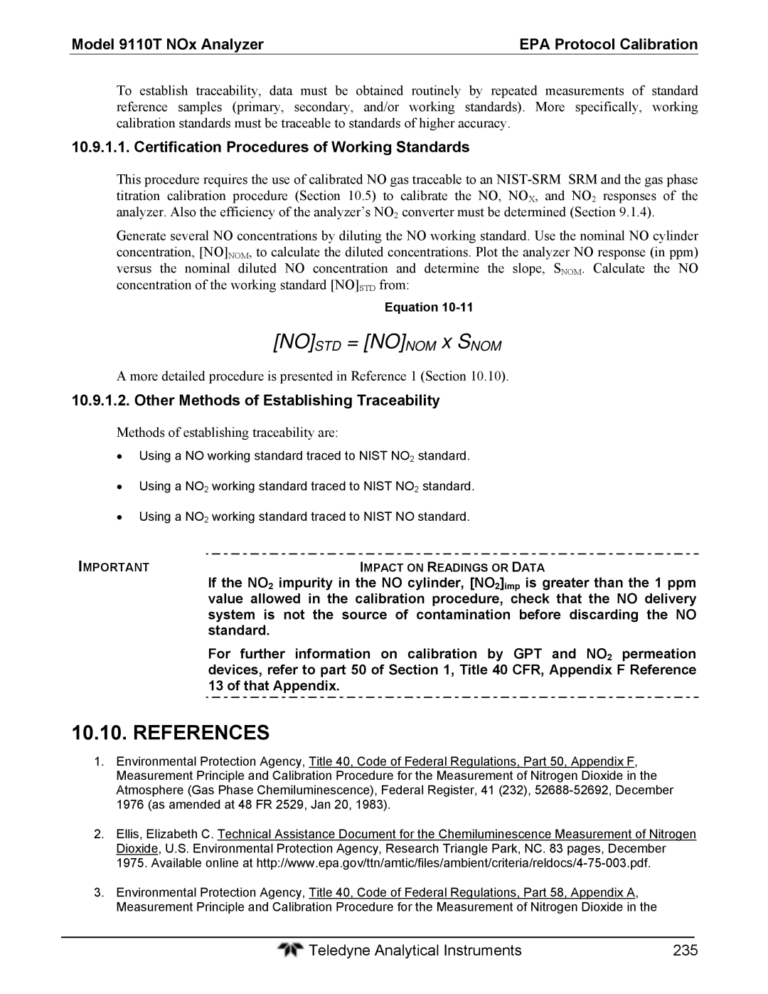 Teledyne 9110T References, Certification Procedures of Working Standards, Other Methods of Establishing Traceability 