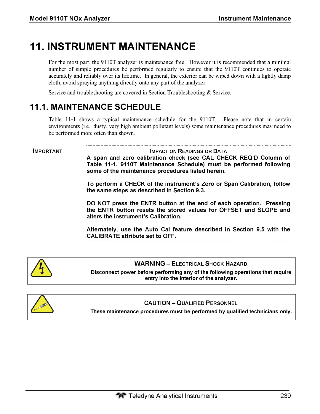 Teledyne instruction manual Maintenance Schedule, Model 9110T NOx Analyzer Instrument Maintenance 