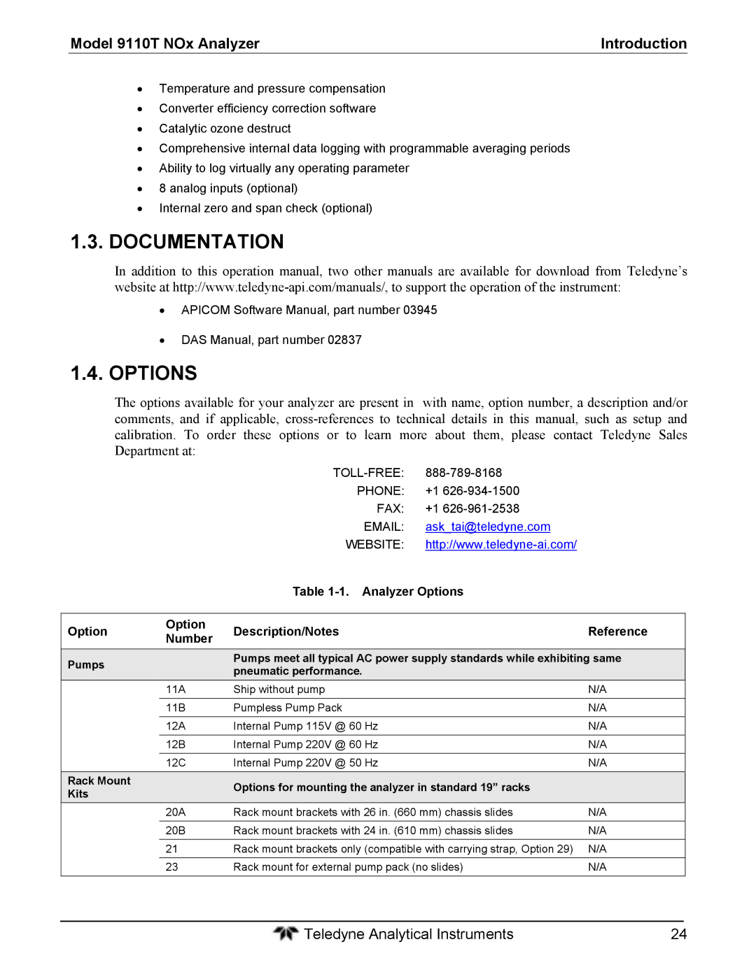 Teledyne instruction manual Documentation, Options, Model 9110T NOx Analyzer Introduction 