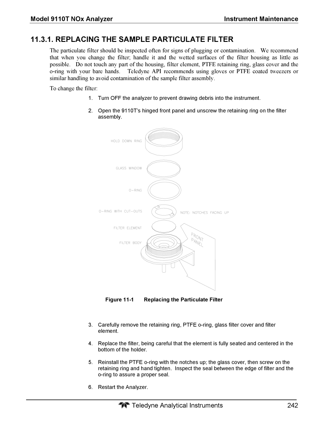 Teledyne 9110T instruction manual Replacing the Sample Particulate Filter, Replacing the Particulate Filter 