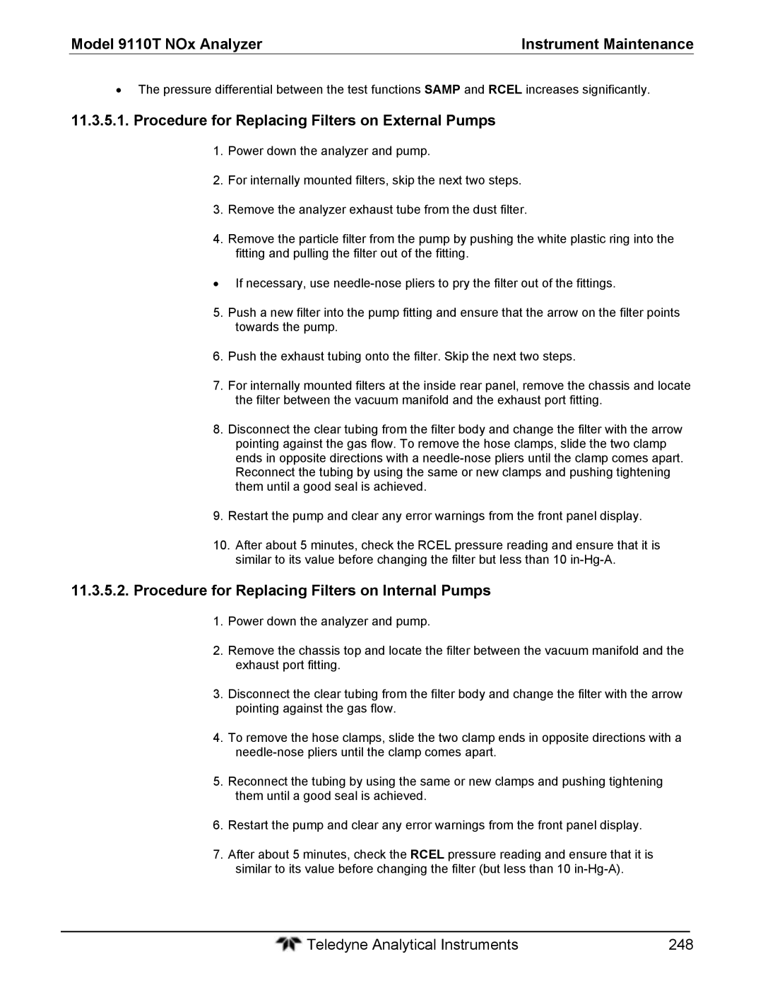 Teledyne 9110T Procedure for Replacing Filters on External Pumps, Procedure for Replacing Filters on Internal Pumps 