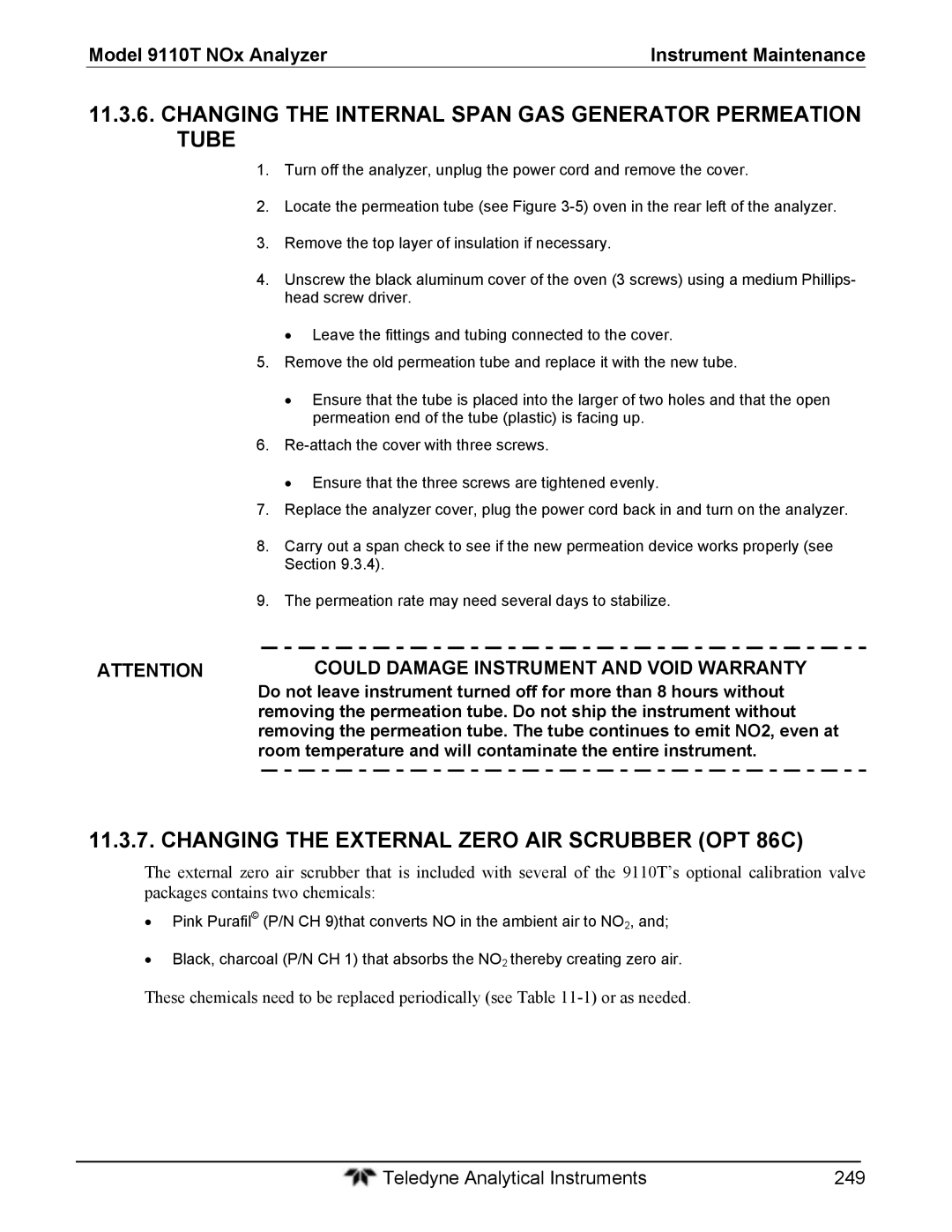 Teledyne 9110T Changing the Internal Span GAS Generator Permeation Tube, Changing the External Zero AIR Scrubber OPT 86C 