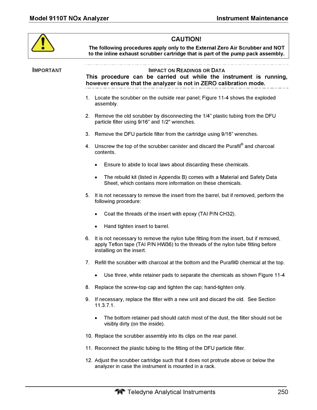 Teledyne 9110T instruction manual Teledyne Analytical Instruments 250 