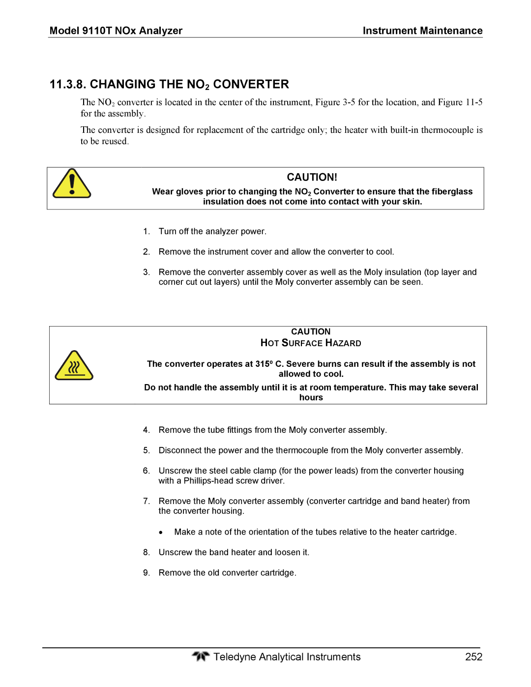 Teledyne 9110T instruction manual Changing the NO2 Converter, HOT Surface Hazard 