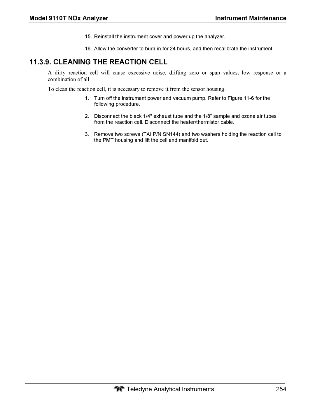 Teledyne 9110T instruction manual Cleaning the Reaction Cell 