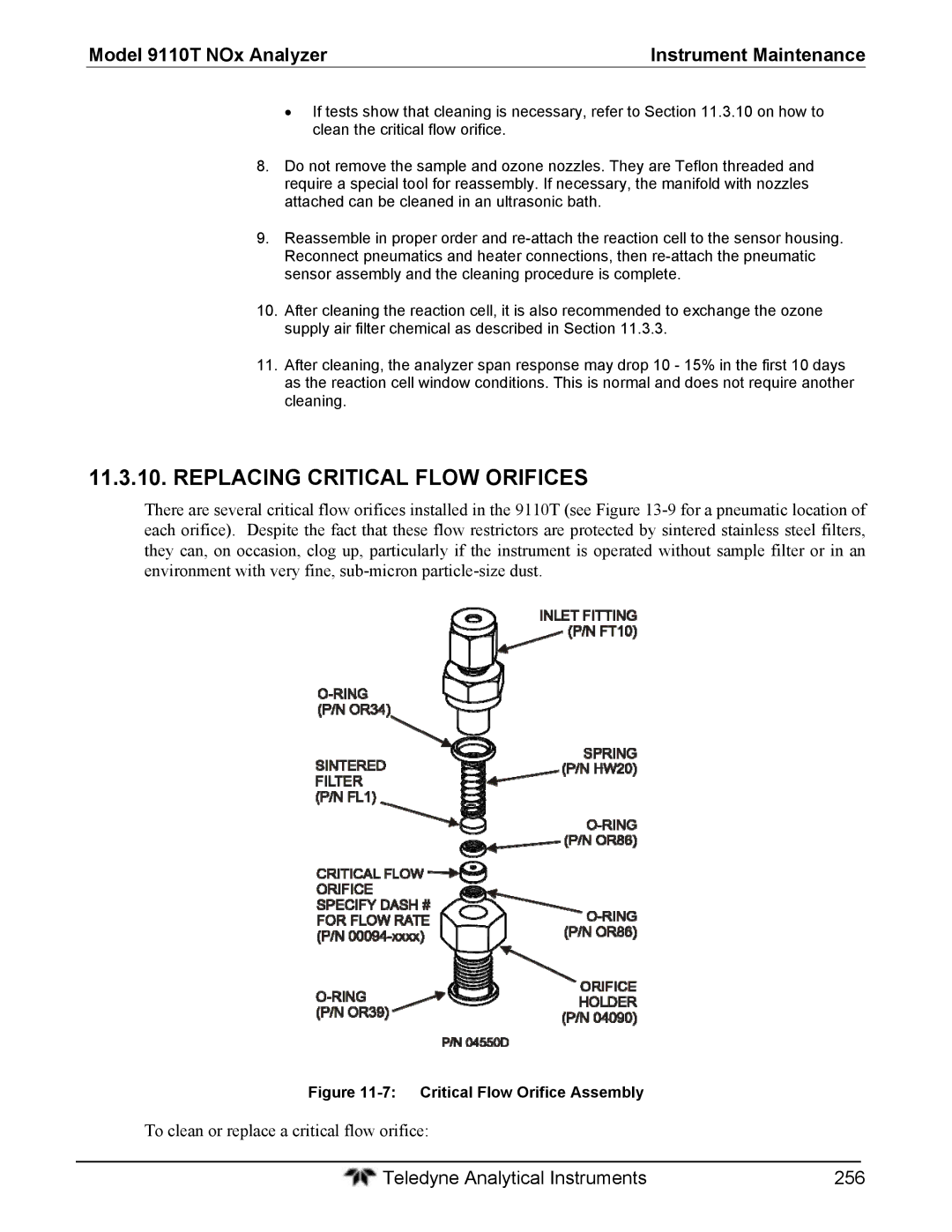 Teledyne 9110T instruction manual Replacing Critical Flow Orifices, To clean or replace a critical flow orifice 