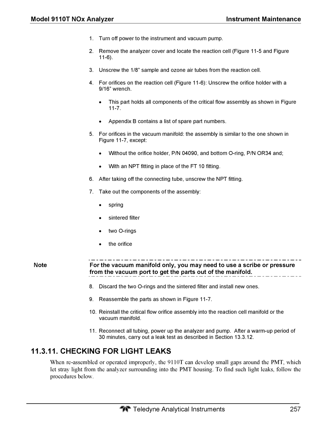 Teledyne 9110T instruction manual Checking for Light Leaks, From the vacuum port to get the parts out of the manifold 