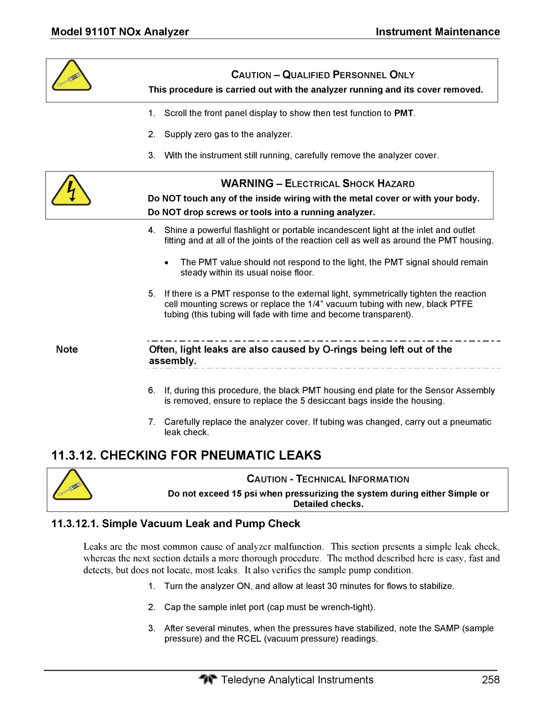 Teledyne 9110T instruction manual Checking for Pneumatic Leaks, Simple Vacuum Leak and Pump Check, Assembly 