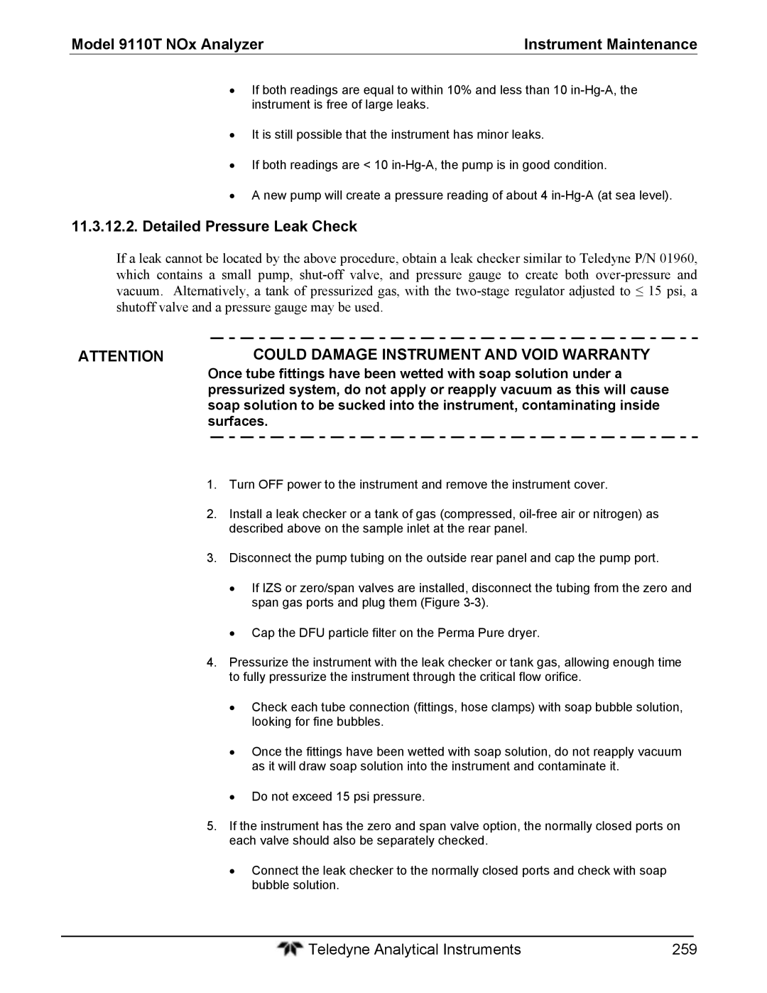 Teledyne 9110T instruction manual Detailed Pressure Leak Check, Surfaces 