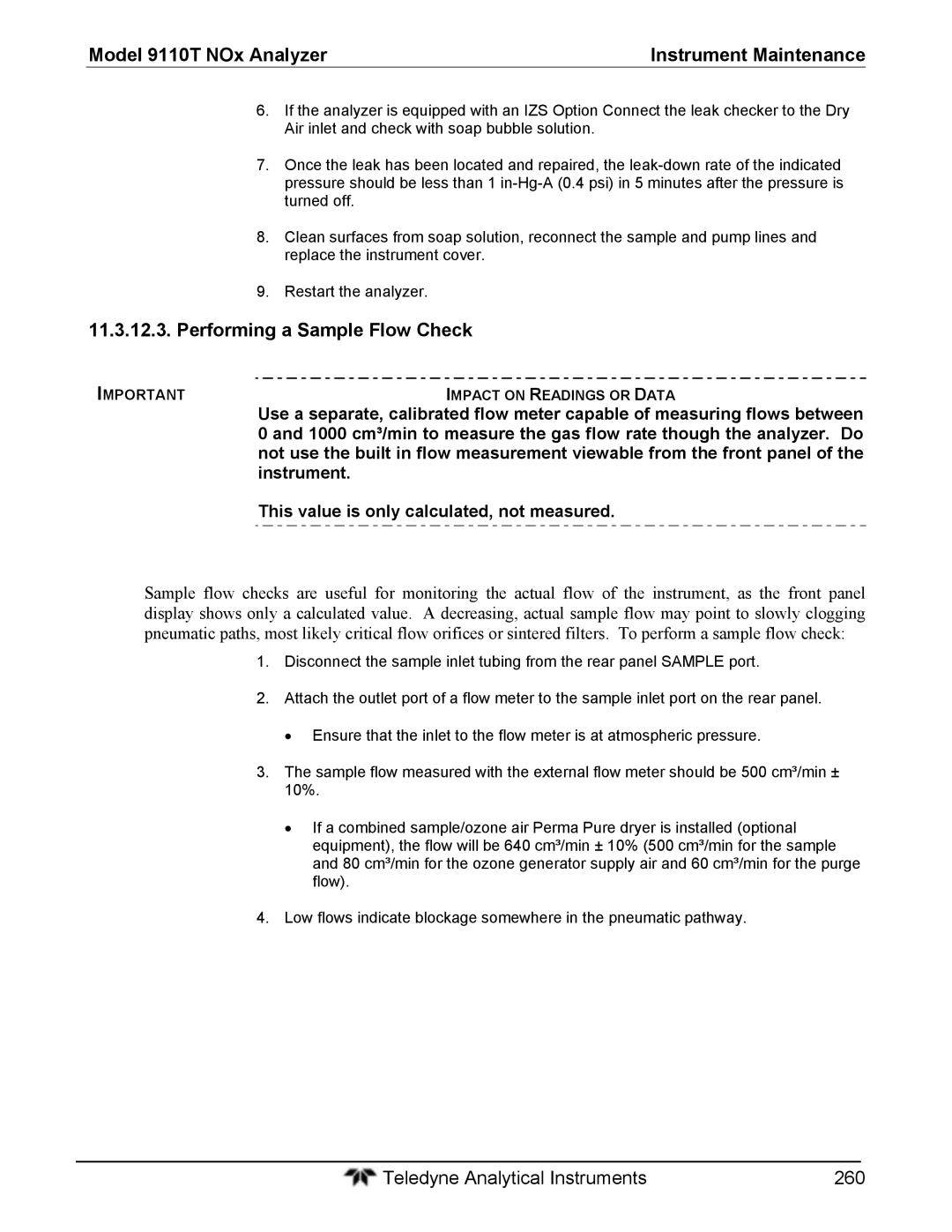 Teledyne 9110T instruction manual Performing a Sample Flow Check, Instrument, This value is only calculated, not measured 