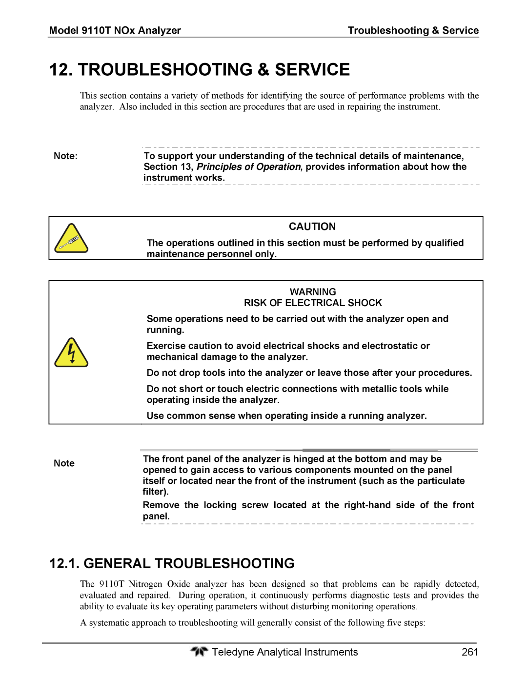 Teledyne instruction manual General Troubleshooting, Model 9110T NOx Analyzer Troubleshooting & Service 