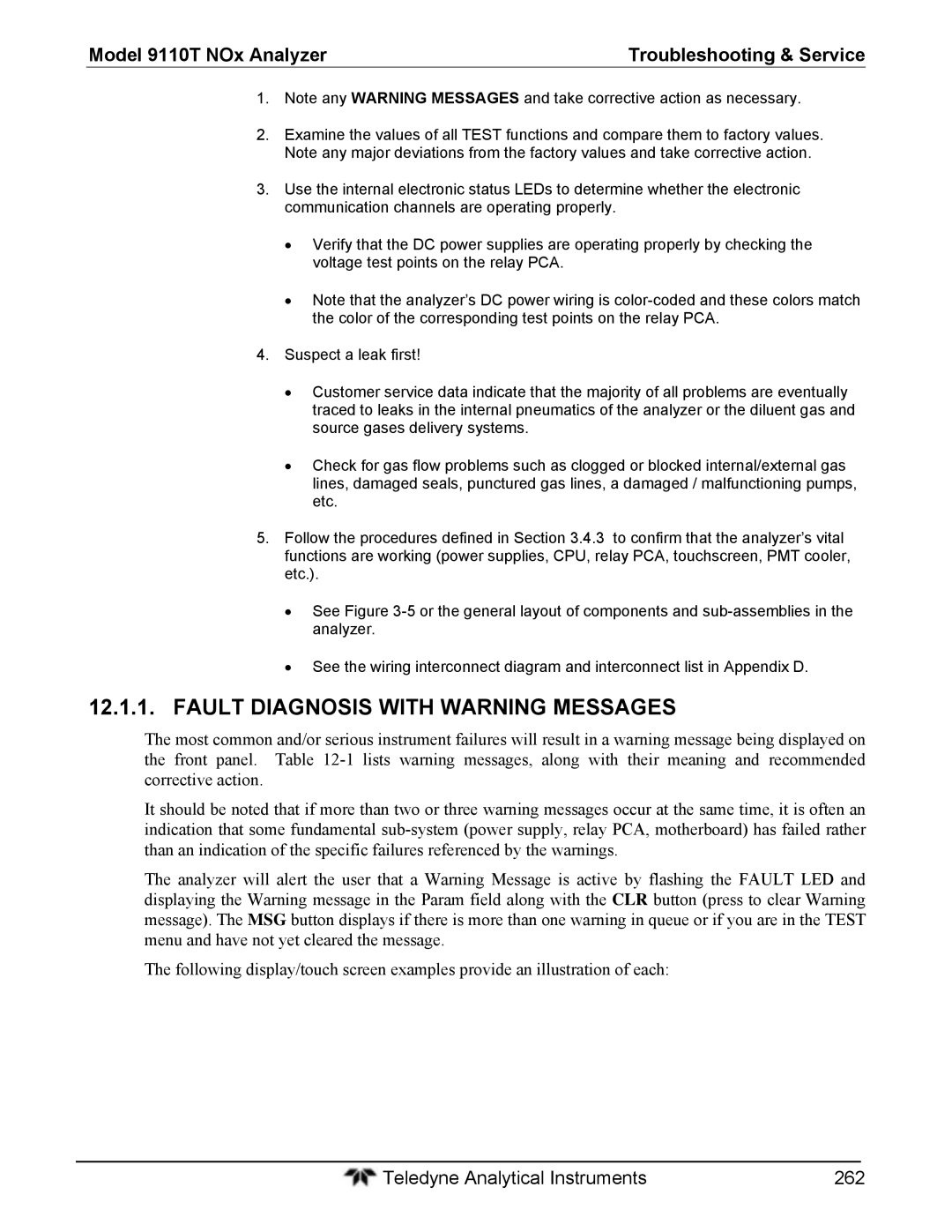 Teledyne 9110T instruction manual Fault Diagnosis with Warning Messages 