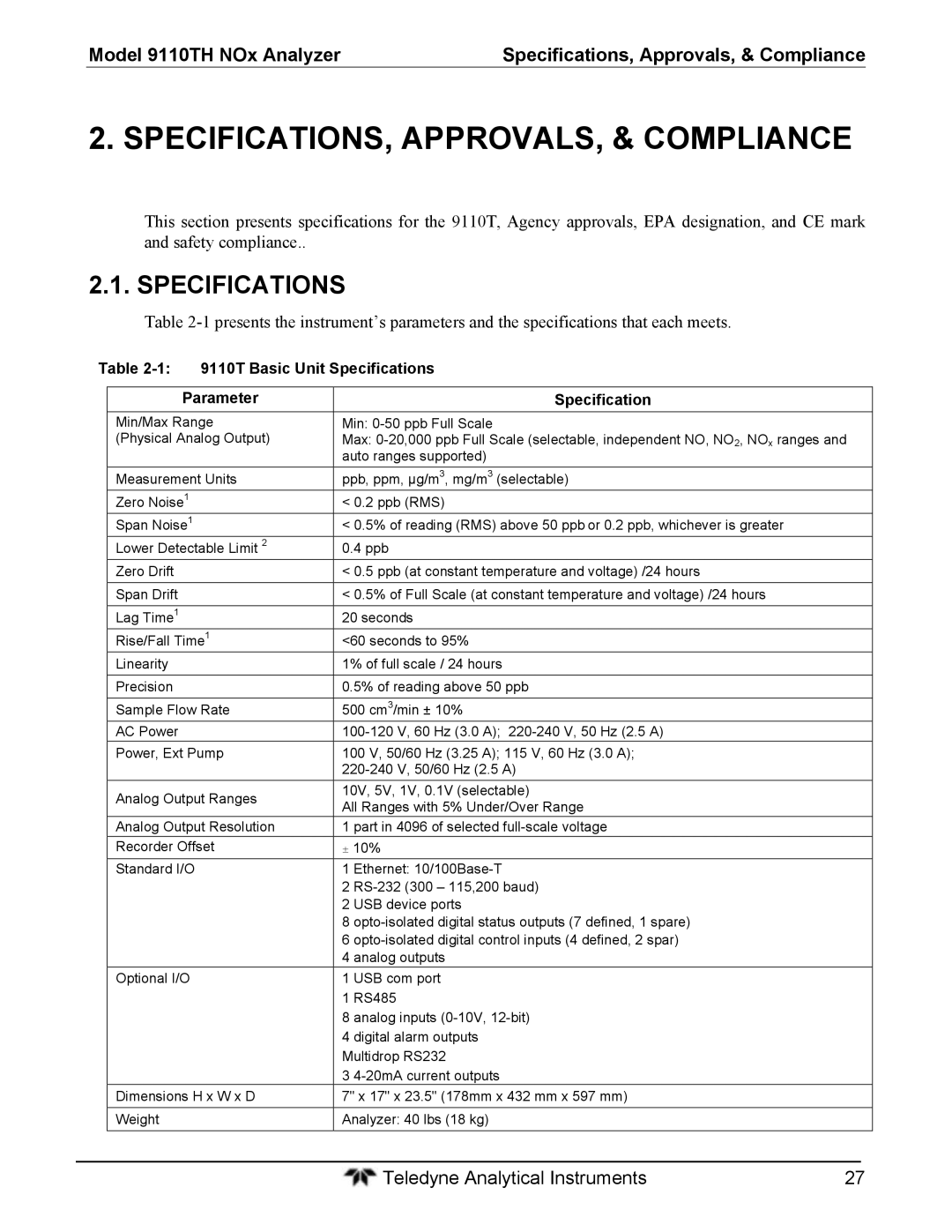 Teledyne instruction manual 9110T Basic Unit Specifications Parameter 